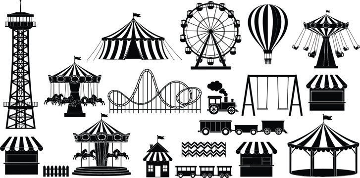 Amusement Park Carnival Silhouette Icon Set Ferris Wheel Roller Coaster Circus Tent Carousel Train Swing Ride Fairground Vector Illustration Collection