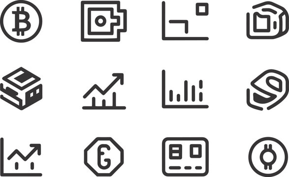 A Collection of Twelve Minimalist Financial and Cryptocurrency Icons