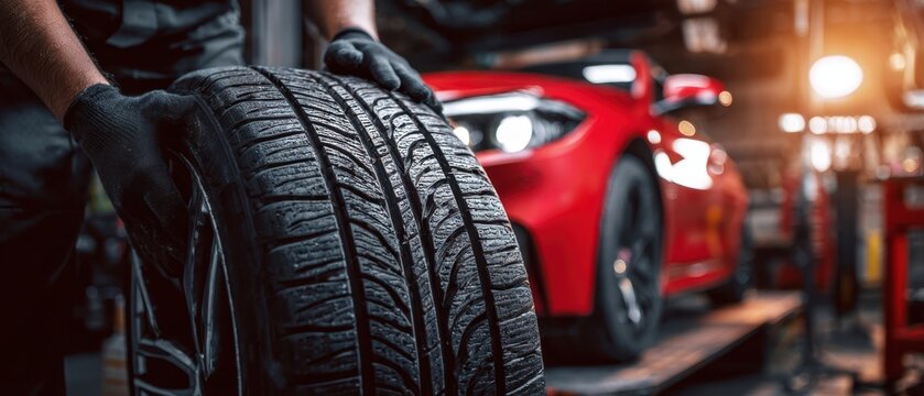 The Tire Being Installed by a Mechanic Beside a Red Sports Car on Lift