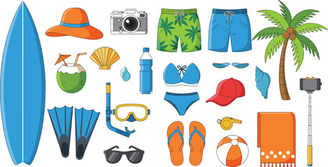Summer Beach Vacation Travel Icon Set Surfboard Bikini Palm Tree Camera Hat Flip Flops Snorkel Coconut Shorts Sunglasses Vector Illustration Collection © MdShakil