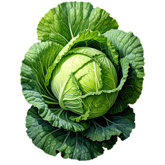 Obraz premium High-resolution close-up of a vibrant green cabbage head surrounded by layered outer leaves, isolated on a deep black background. The image highlights crisp textures, natural veins, and fresh organic 