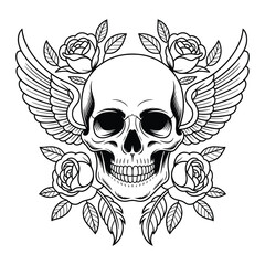 Stylized human skull adorned with wings and blooming roses isolated on transparent background