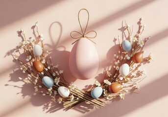 Easter egg wreath with pastel colors and floral arrangement