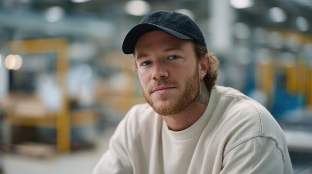 Young man wearing cap and casual sweatshirt looking at camera with confident expression in industrial warehouse environment with blurred background and soft lighting.