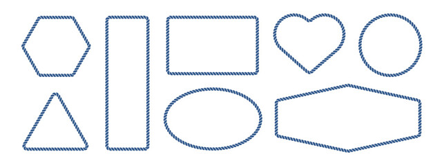 Rope frame border set isolated on white bg. Hexazon, square, oval and heart shape in sea sailor theme, nautical rope collection, flat vector illustration. Blue marine loop and cord frames.   © viktoria_ngm