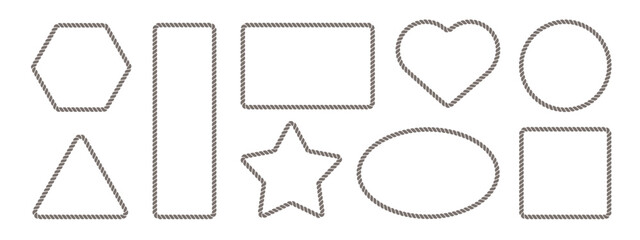 Rope frame border set isolated on white bg. Hexazon, square, oval and heart shape in sailor theme, brown nautical rope collection, flat vector illustration. Travel and marine loop and cord frames.   © viktoria_ngm