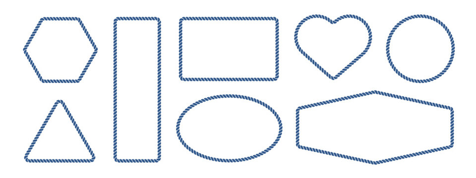Rope frame border set isolated on white bg. Hexazon, square, oval and heart shape in sea sailor theme, nautical rope collection, flat vector illustration. Blue marine loop and cord frames.	
