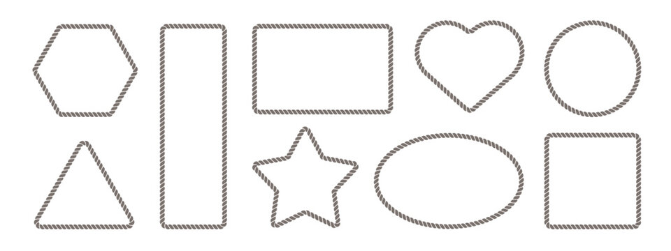 Rope frame border set isolated on white bg. Hexazon, square, oval and heart shape in sailor theme, brown nautical rope collection, flat vector illustration. Travel and marine loop and cord frames.	
