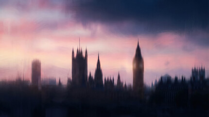 Fototapeta premium A beautiful London skyline captured in a style of urban impressionism during a hazy sunset.
