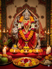 Fototapeta premium Goddess Durga altar with offerings, lamps, and traditional puja setup