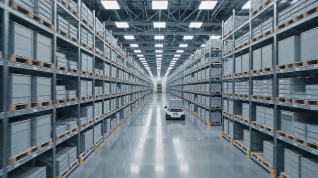 Wide-angle shot of a warehouse aisle with tall shelving units stacked with boxes and a forklift in the distance, with bright overhead lighting and a polished concrete floor.
