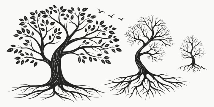 Two trees with intertwined roots and branches standing on either side of a path. Vector