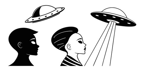 Two people looking up at flying saucers in a black and white illustration Vector © rabi