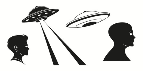 Two people observing mysterious flying saucers in the night sky. Vector © rabi