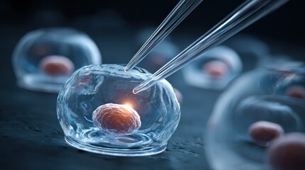 Stem cell research- nuclear transfer being carried out on several embryonic stem cells for cloning
