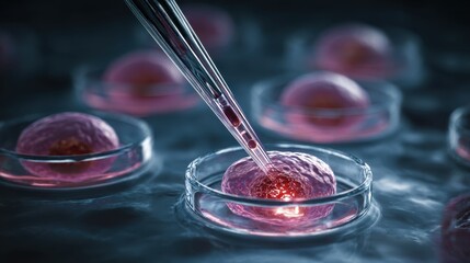Stem cell research- nuclear transfer being carried out on several embryonic stem cells for cloning