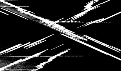 Obraz premium Dynamic abstract glitch effect with intersecting white lines and digital noise on a black void, suggesting futuristic technology or network disruption.