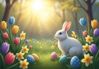 Easter bunny in a vibrant spring garden