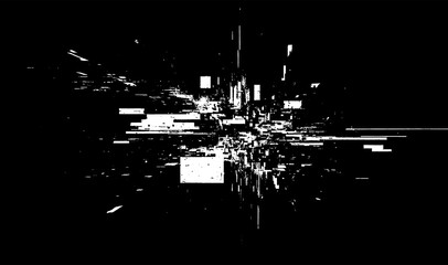 Fototapeta premium Explosive digital glitch effect, like a data explosion or abstract cityscape viewed through a broken screen, with sharp white lines radiating from center on black.