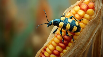 Southern Corn Rootworm beetle eating kernels on ear of corn. Agriculture pest control, insect damage and farming insecticide concept.