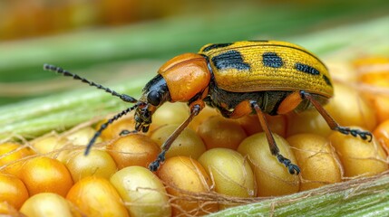 Southern Corn Rootworm beetle eating kernels on ear of corn. Agriculture pest control, insect damage and farming insecticide concept.