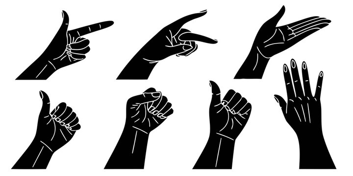 A collection of various hand gestures depicted in black and white Vector