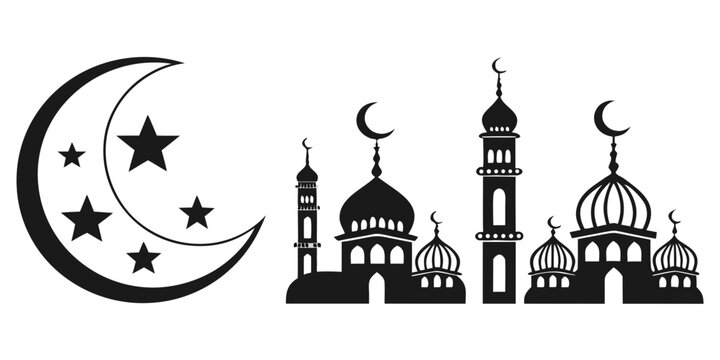 Diverse religious symbols including crescent moon, star, and mosque Vector