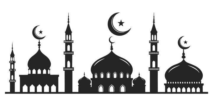 Silhouettes of mosques with crescent moons and minarets against a clear sky Vector