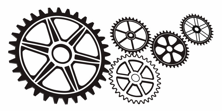 A collection of interlocking gears in various sizes and shapes. Vector