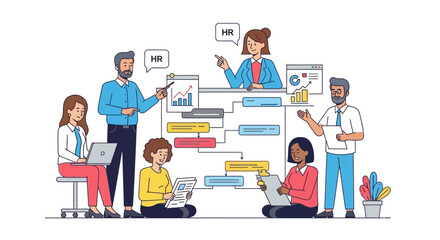 Diverse team collaborating on HR project with flowcharts and laptops