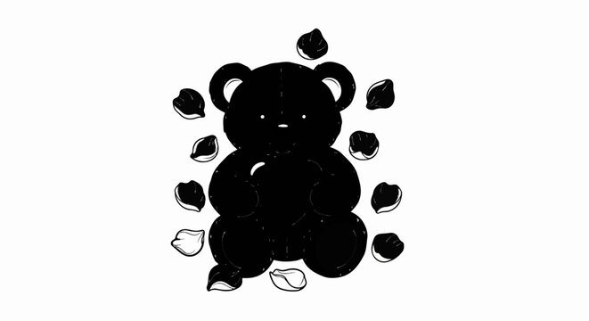 A black teddy bear sits surrounded by scattered black and white petals on a white background