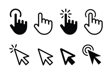 Set of Black Hand and Black and White Arrow Pointer Icons, Different Gesture Symbols Including Simple Point, Click with Action Lines and Click with Circular Ripples, Vector UI Elements