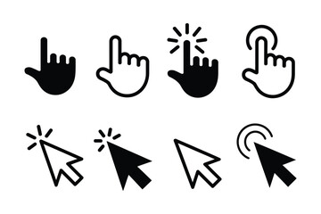 Set of Black Hand and Black and White Arrow Pointer Icons, Different Gesture Symbols Including Simple Point, Click with Action Lines and Click with Circular Ripples, Vector UI Elements