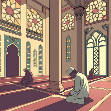 Minimal Islamic Mosque with Palm Tree Line Art Vector
