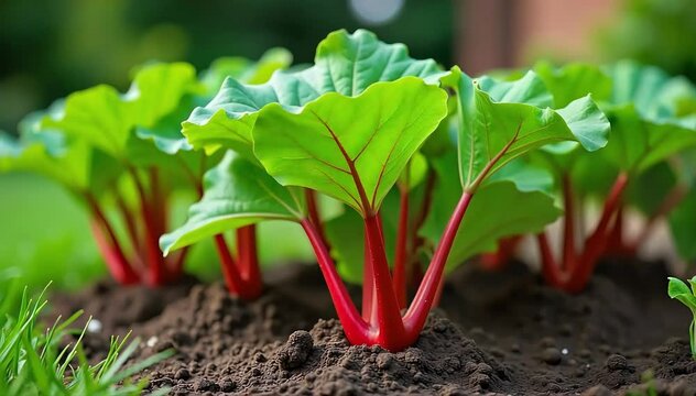 A backyard garden showing mature rhubarb plants with vibrant red stalks 