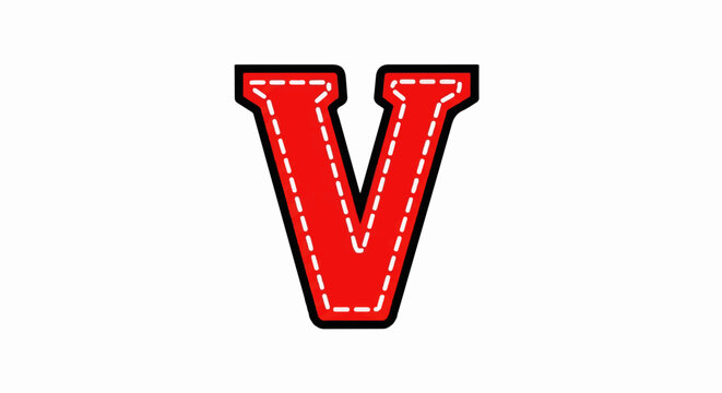 A bold red letter "V" with a stitched effect, outlined in black