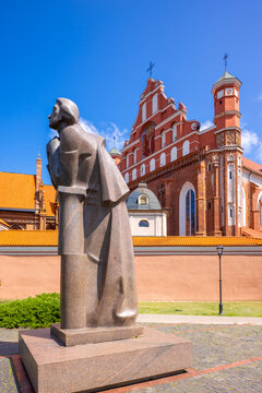 A Statue of the Polish Poet Adam Mickiewicz in front of St. Anne's Church and the Church of St. Francis and St. Bernard, Vilnius, Lithuania