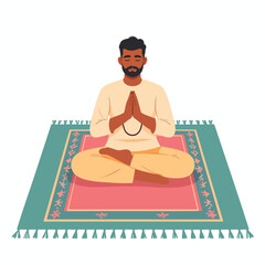 Man meditating in lotus position on a prayer mat with hands together