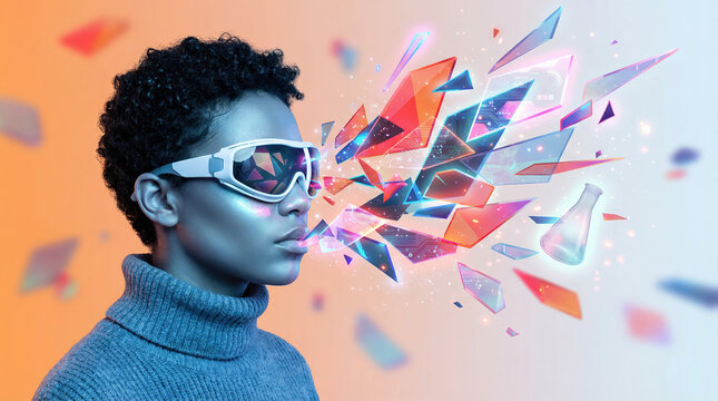 A young person wearing virtual reality goggles explores a digital world as a woman avatar amid colorful shards.