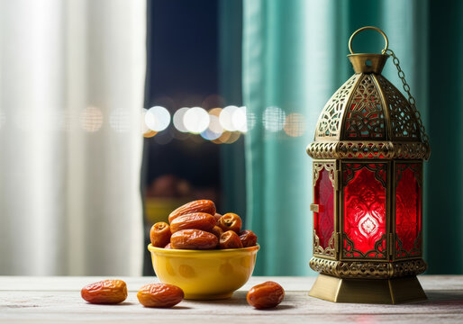 Ramadan lantern on the table with dates 