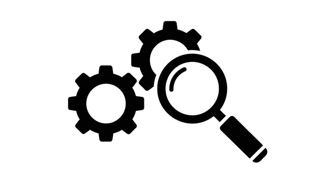 Technical Analysis and Optimization with Gears and Magnifying Glass, isolated white background