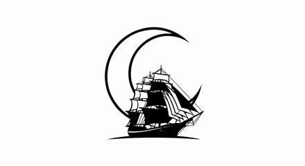 A black silhouette of a tall ship sails past a crescent moon