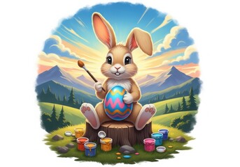 Easter bunny painting colorful eggs in a scenic landscape