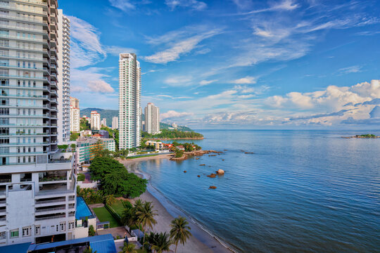 Penang skyline and beach on the Malacca Straits, Penang, Malaysia