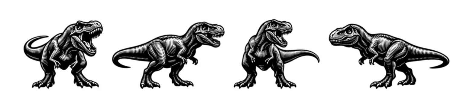 T-rex flat vector icons set with dinosaur silhouettes and prehistoric creatures collection