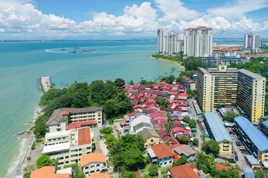 Penang skyline and beach on the Malacca Straits, Penang, Malaysia