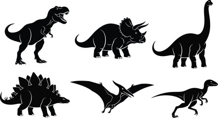 Collection of dinosaur silhouettes including T-Rex Triceratops and Brontosaurus perfect for educational materials and graphic design © Muhammad