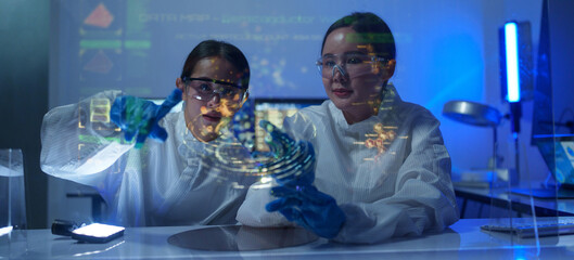 Technician working on analyzing semiconductor or microchip boards, electronics industry, electronic...