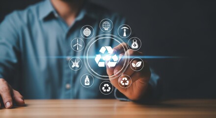 Man interacting with glowing recycling symbol and sustainability icons