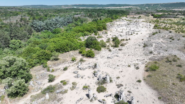 Aerial view of Pobiti Kamani (Stone Forest), 50 mln year old rock formation, Bulgaria